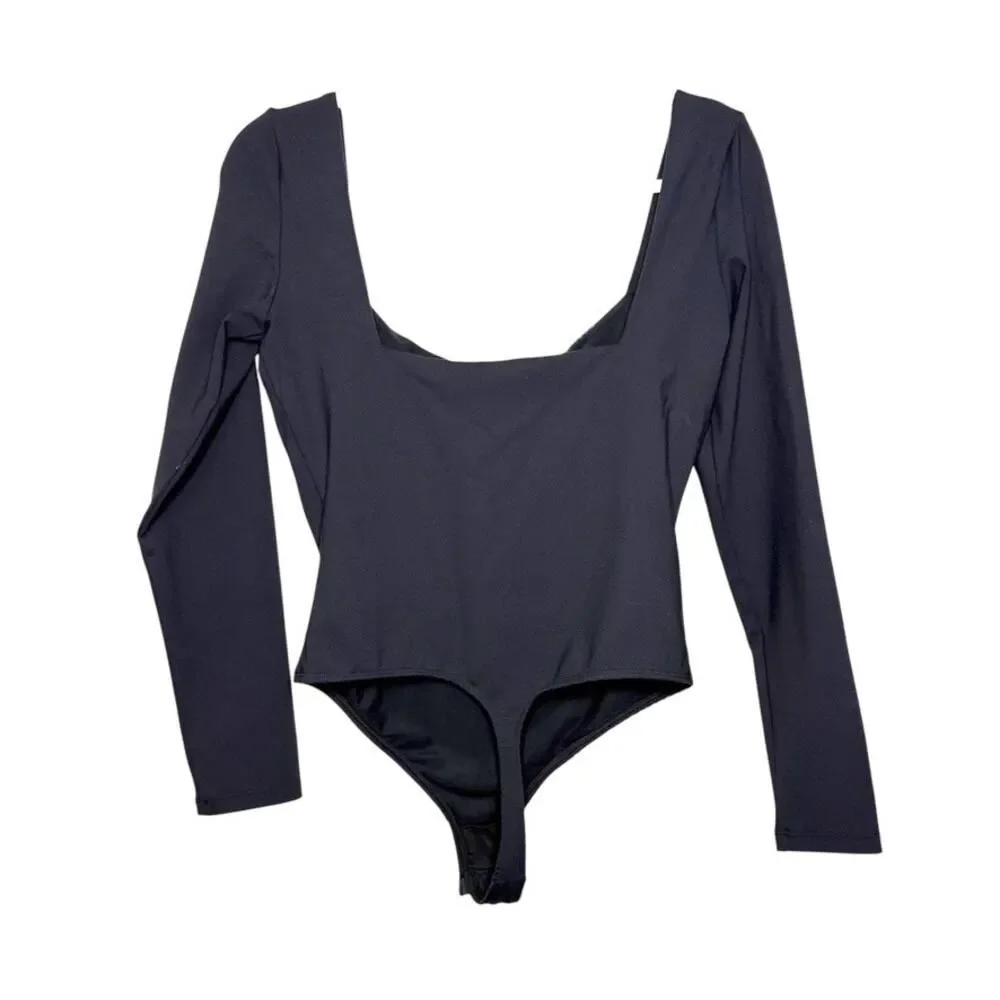 Free People Zoe Bodysuit Stretch Long Sleeve Boho Goth Black Women M‎